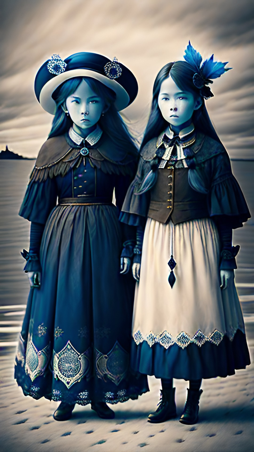 kindred spirits ancestors ghosts of the past; in shades of sapphire blue, coffee brown, sepia, and aquamarine preview