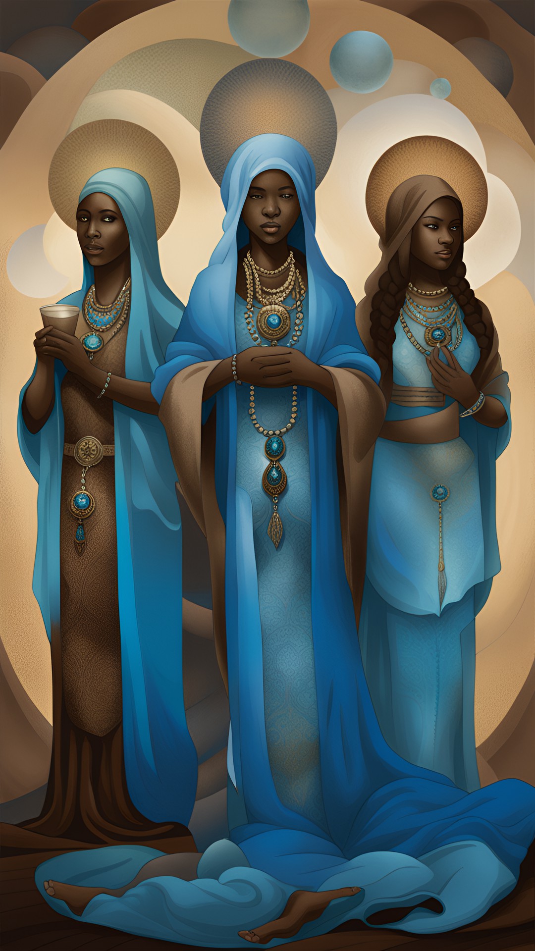 the veneration of the ancestors;  kindred spirits ancestors ghosts of the past; in shades of sapphire blue, coffee brown, sepia, and aquamarine preview