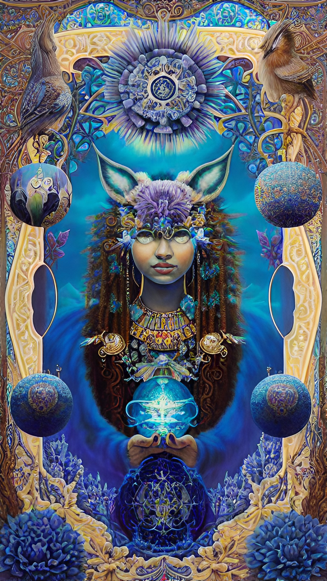 the veneration of the ancestors;  kindred spirits ancestors ghosts of the past; in shades of sapphire blue, coffee brown, sepia, and aquamarine preview