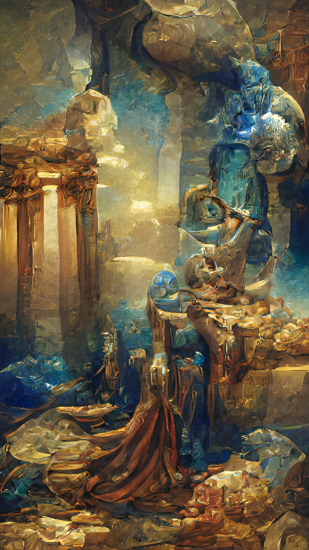the veneration of the ancestors; kindred spirits ancestors ghosts of the past; in shades of sapphire blue, coffee brown, sepia, and aquamarine preview