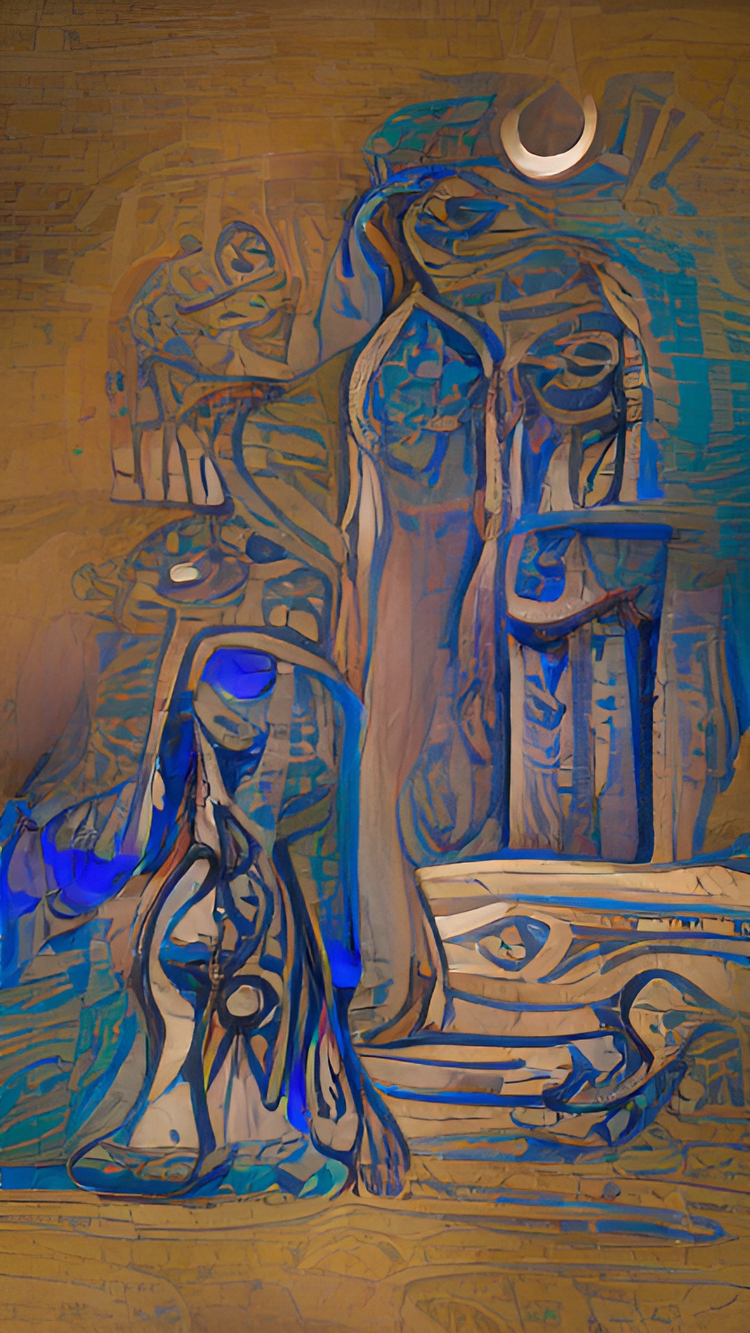 the veneration of the ancestors;  kindred spirits ancestors ghosts of the past; in shades of sapphire blue, coffee brown, sepia, and aquamarine preview