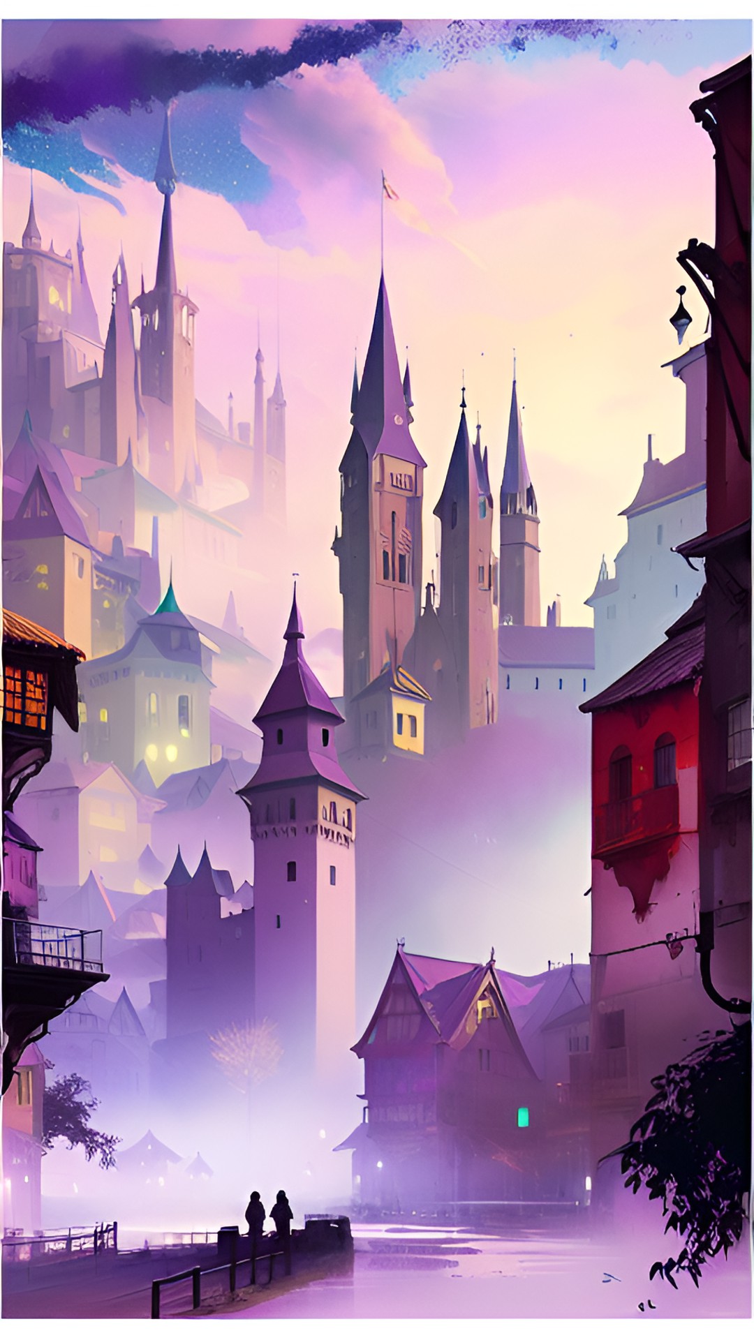 Medieval Harbor - medieval town in pink and purple twilight. mist and magic preview