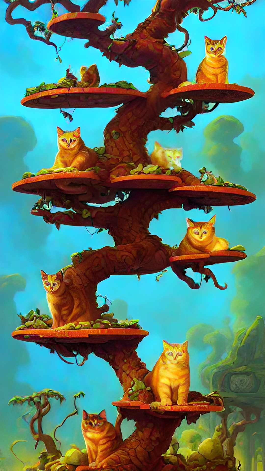 cats growing on a tree shaped like a cat tree preview