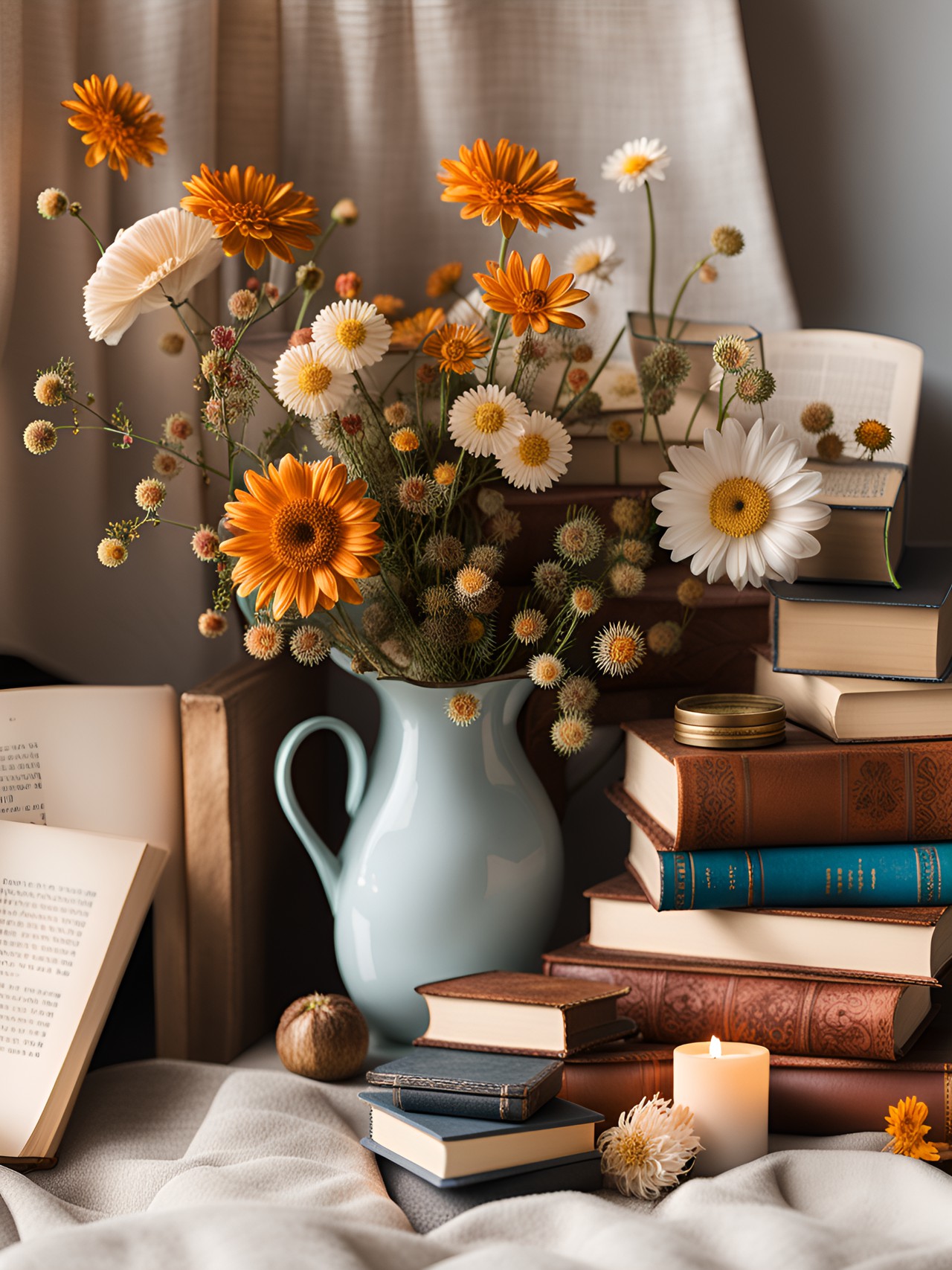 cozy still life with flowers, books, and trinkets. natural light from the left preview