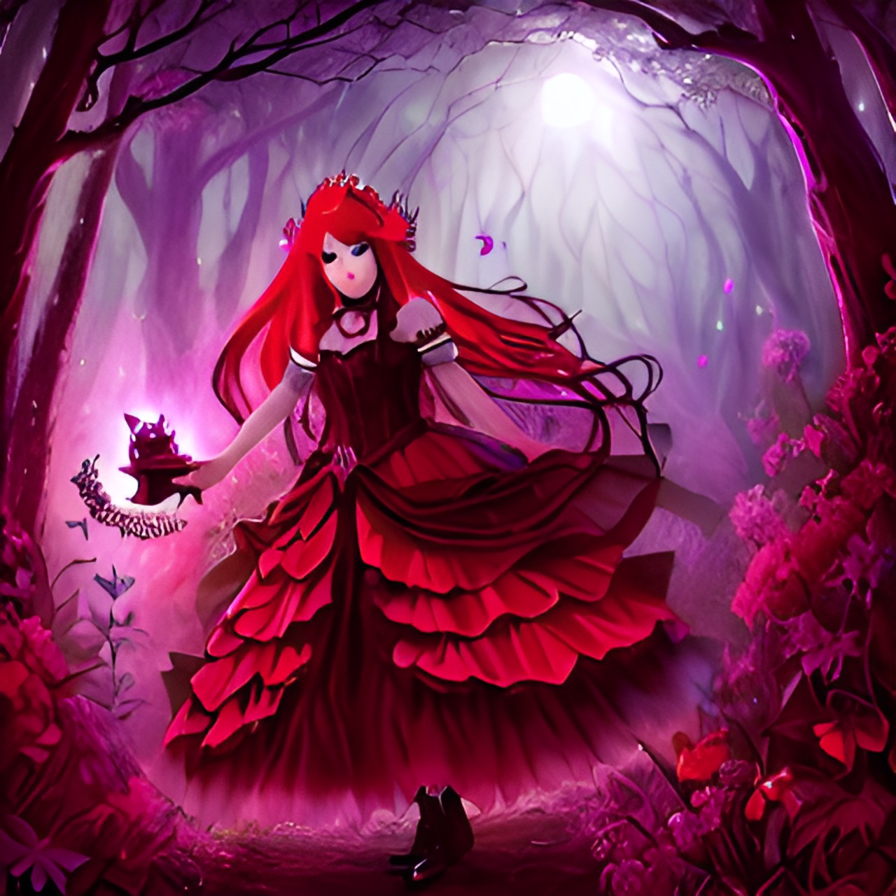 a dark fairy princess, evil, in an enchanted forest with her familiar a large purple and orange tarantula preview