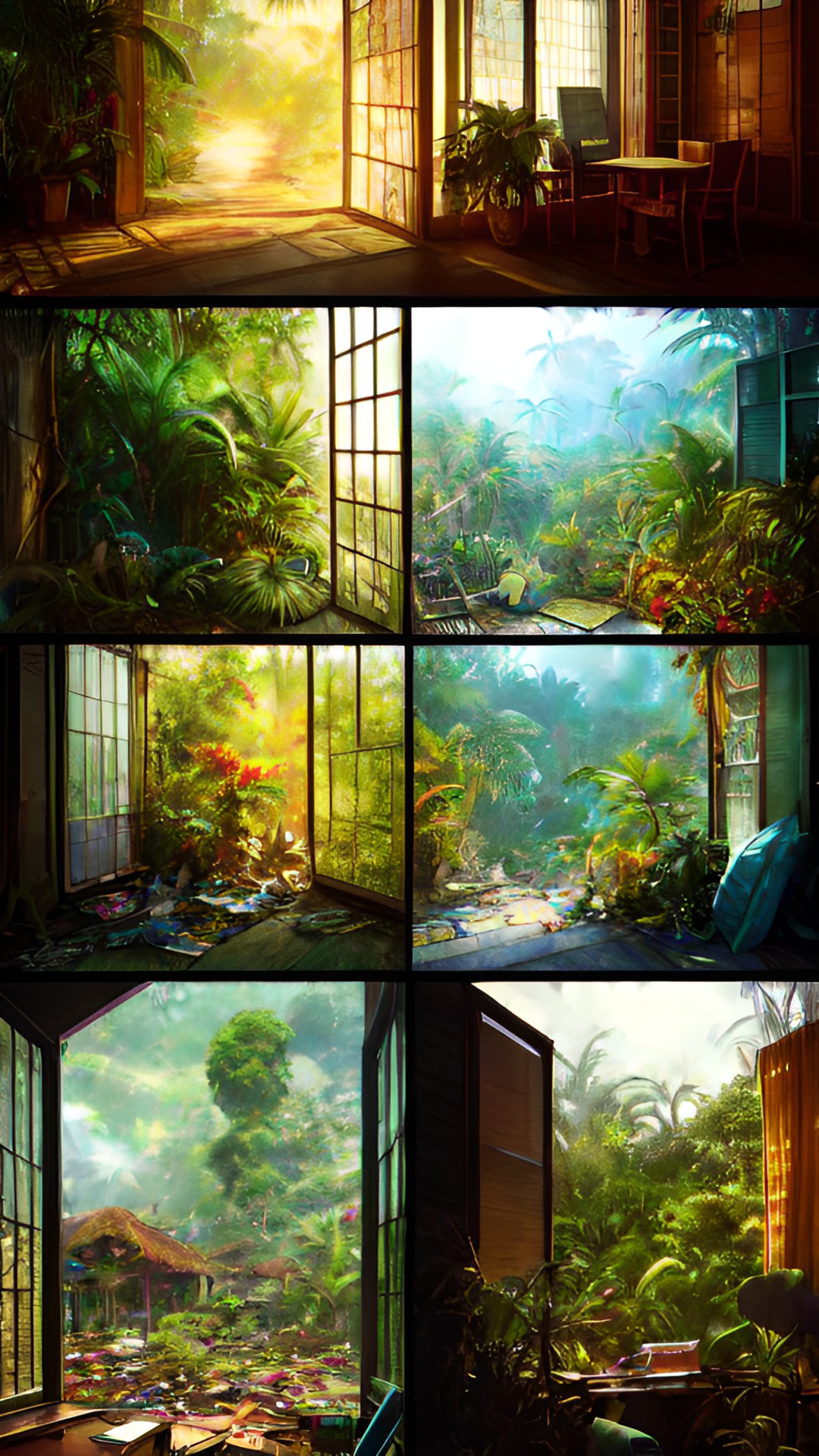 paradoxical vistas, interior of house, window on left shows tropical jungle forest paradise, window on right shows garbage dump preview