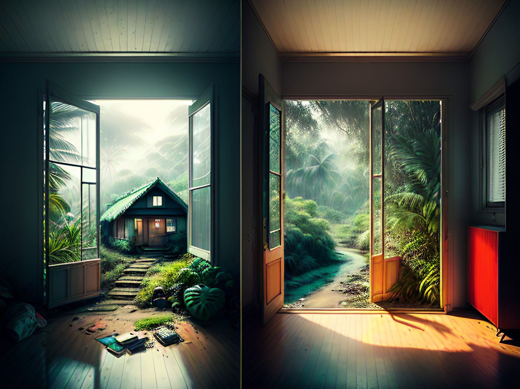 paradoxical vistas, interior of house, window on left shows tropical jungle forest paradise, window on right shows garbage dump preview