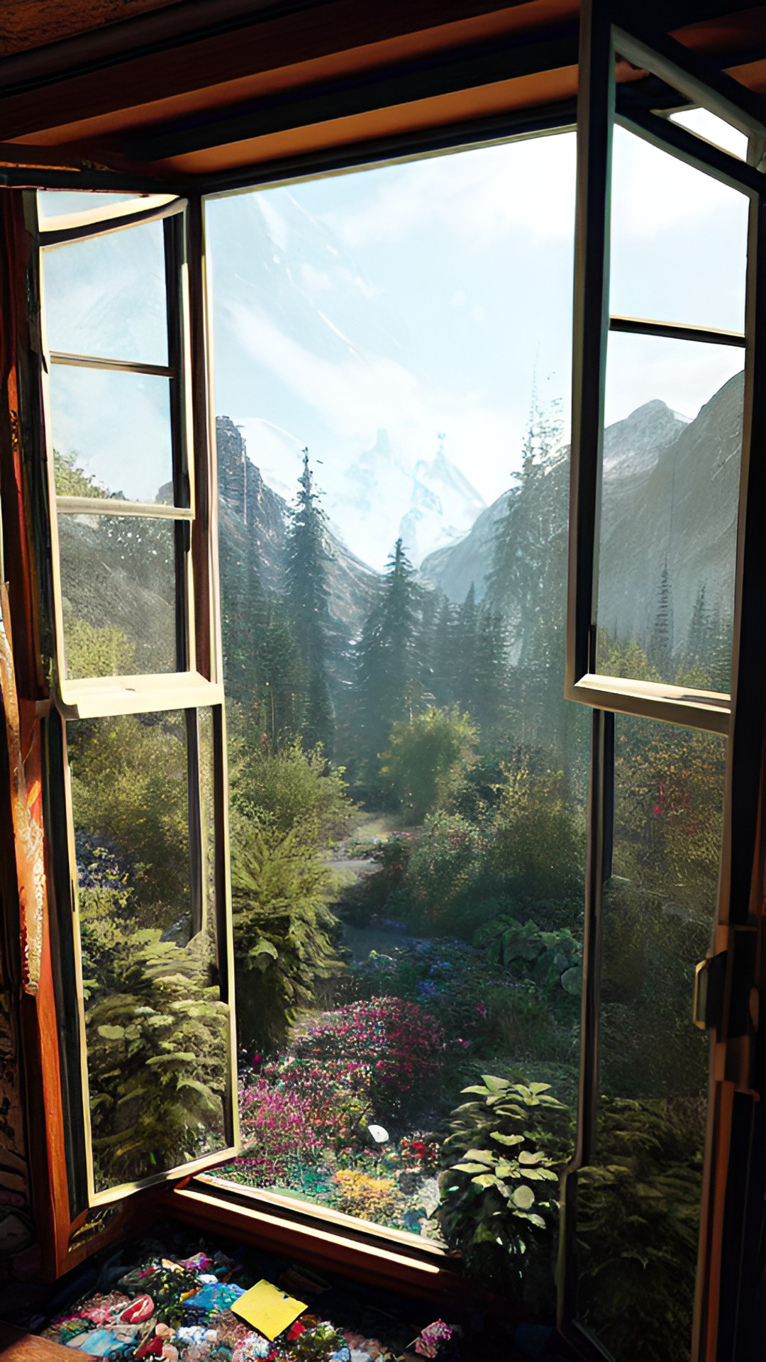 paradoxical interior, interior of house, the window on viewer’s left shows rich garden paradise, window on viewer’s right shows literal mountain of garbage / garbage dump preview