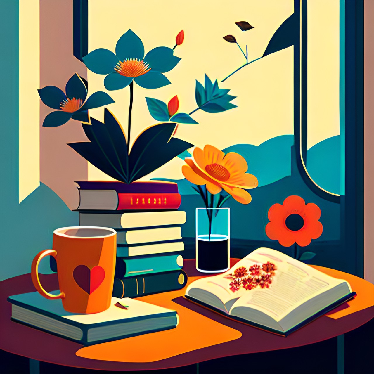 cozy still life with flowers, books, and trinkets. natural light from the left preview