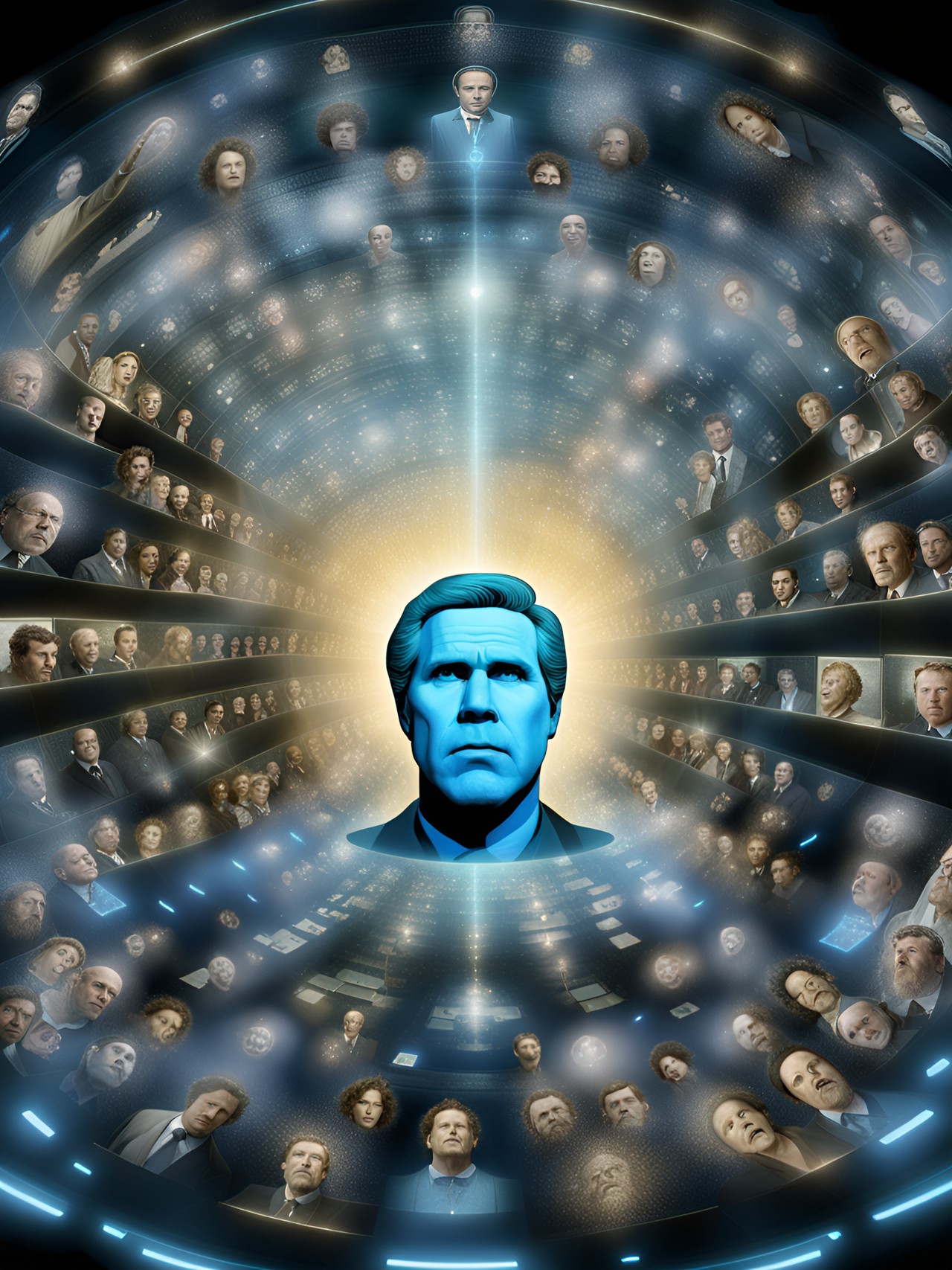 movie; the all seeing god judges all,  surreal, the floating head of will ferrell, ruins, wailing crowds,corrupt men, haunting, enigmatic, otherworldly, transcendental, macabre, melancholic, dissonant, introspective, transcendental, despairing, mournful, atmospheric, evocative, mysterious, symbolic, abstracted by kenneth anger & oskar fischinger preview