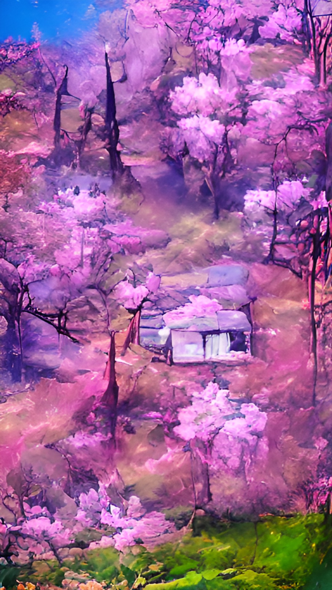 cherry blossom grove with abandoned cabin preview