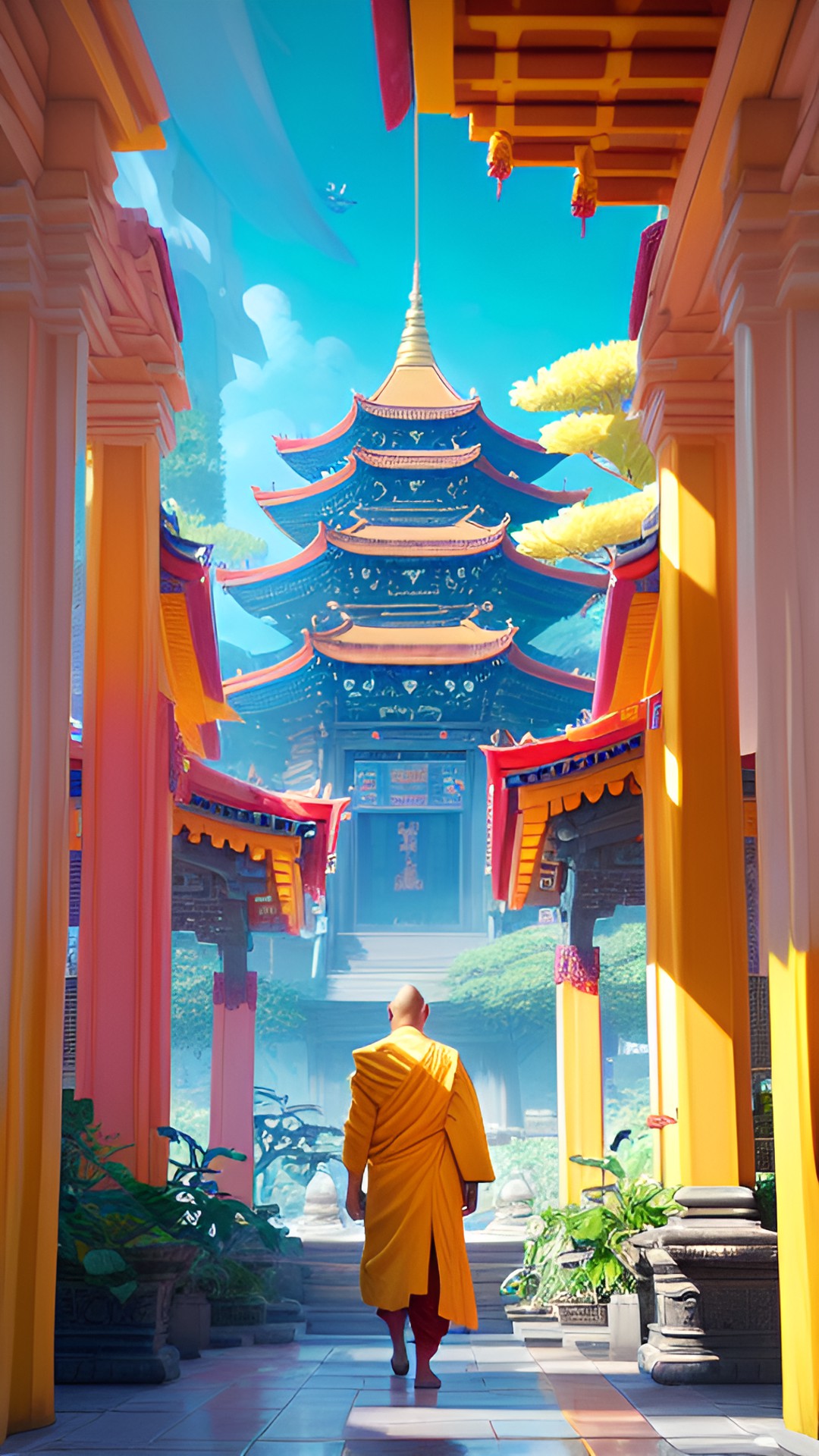 Temple of Joy - spring temple with buddhist monk in yellow robe preview