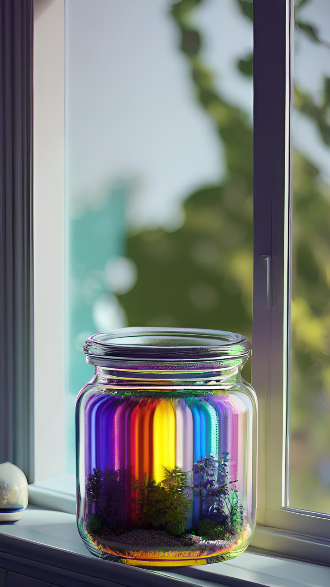 infinite rainbow jar on the window sill at grandma's house. granny magic. preview