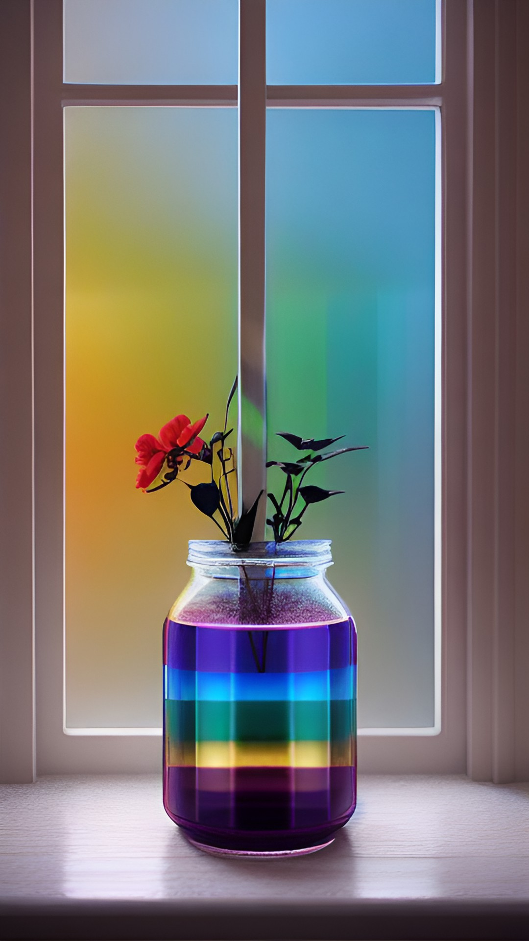 infinite rainbow jar on the window sill at grandma's house. granny magic. preview