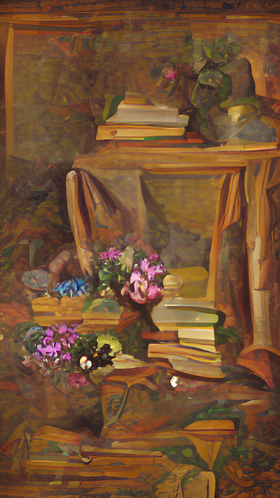 melancholic - cozy still life with flowers, books, and trinkets. natural light from the left preview