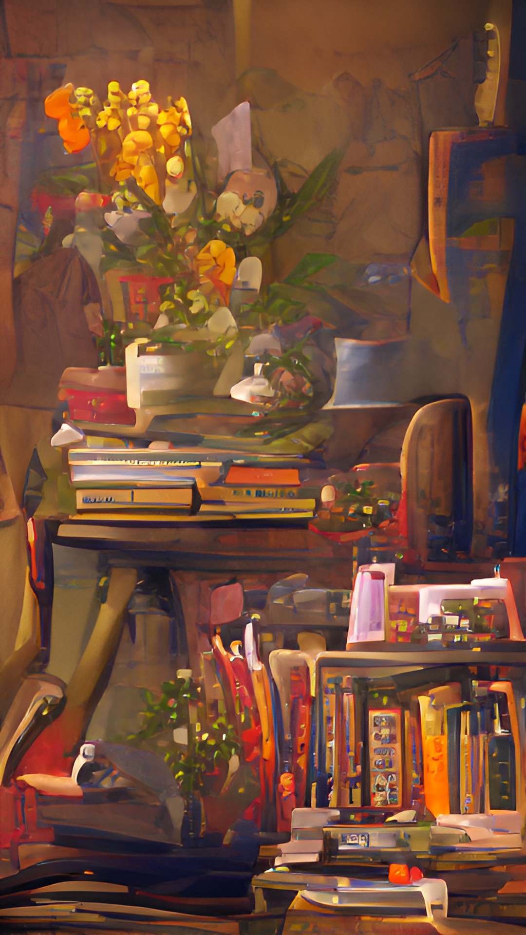 fantasy art - cozy still life with flowers, books, and trinkets. natural light from the left preview