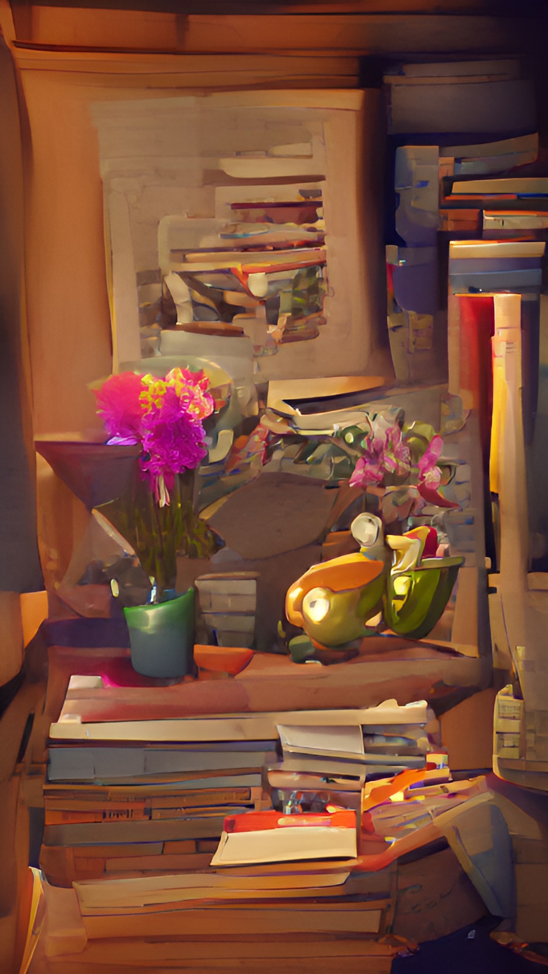 hd - cozy still life with flowers, books, and trinkets. natural light from the left preview