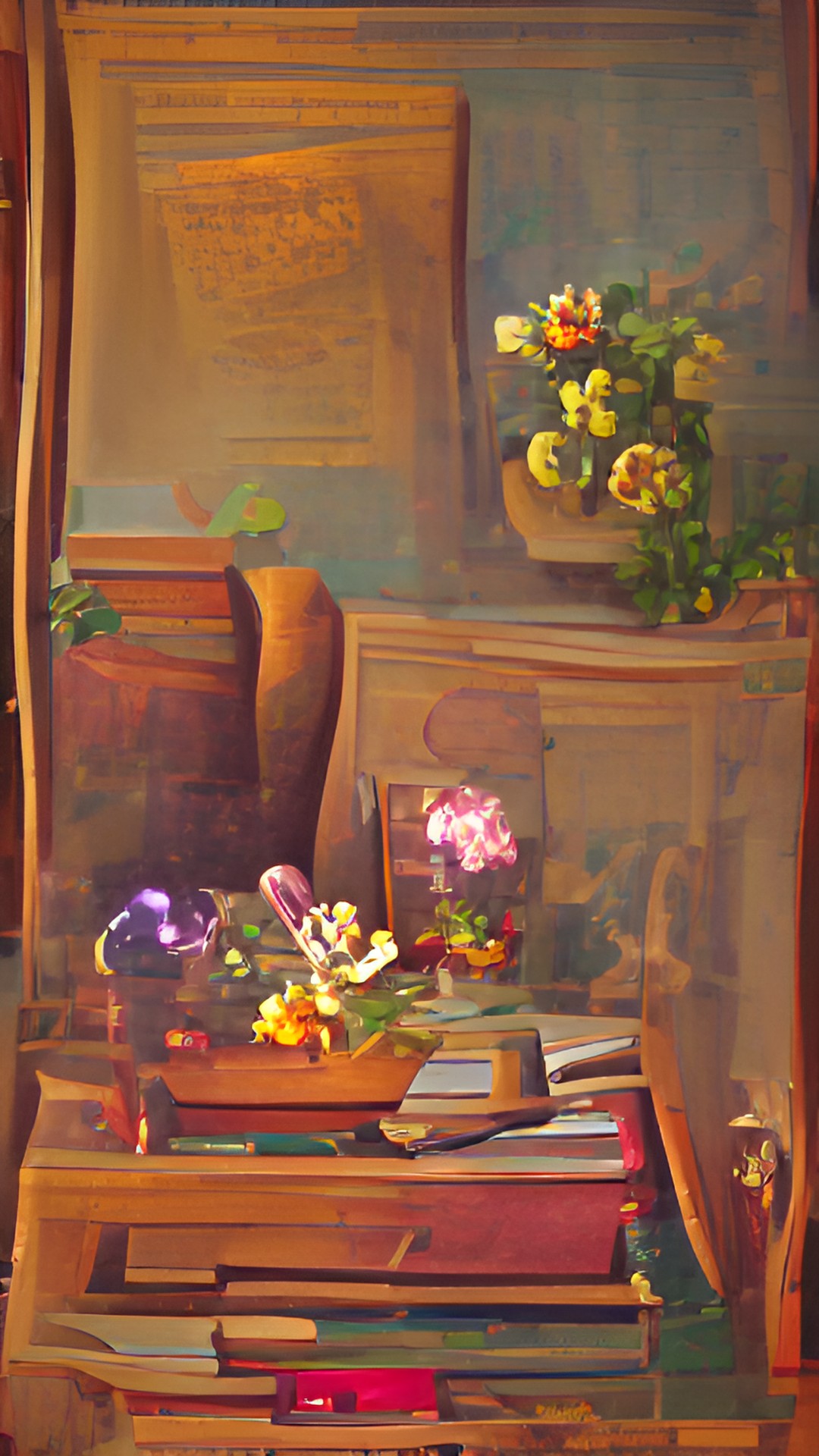 Mystical - cozy still life with flowers, books, and trinkets. natural light from the left preview