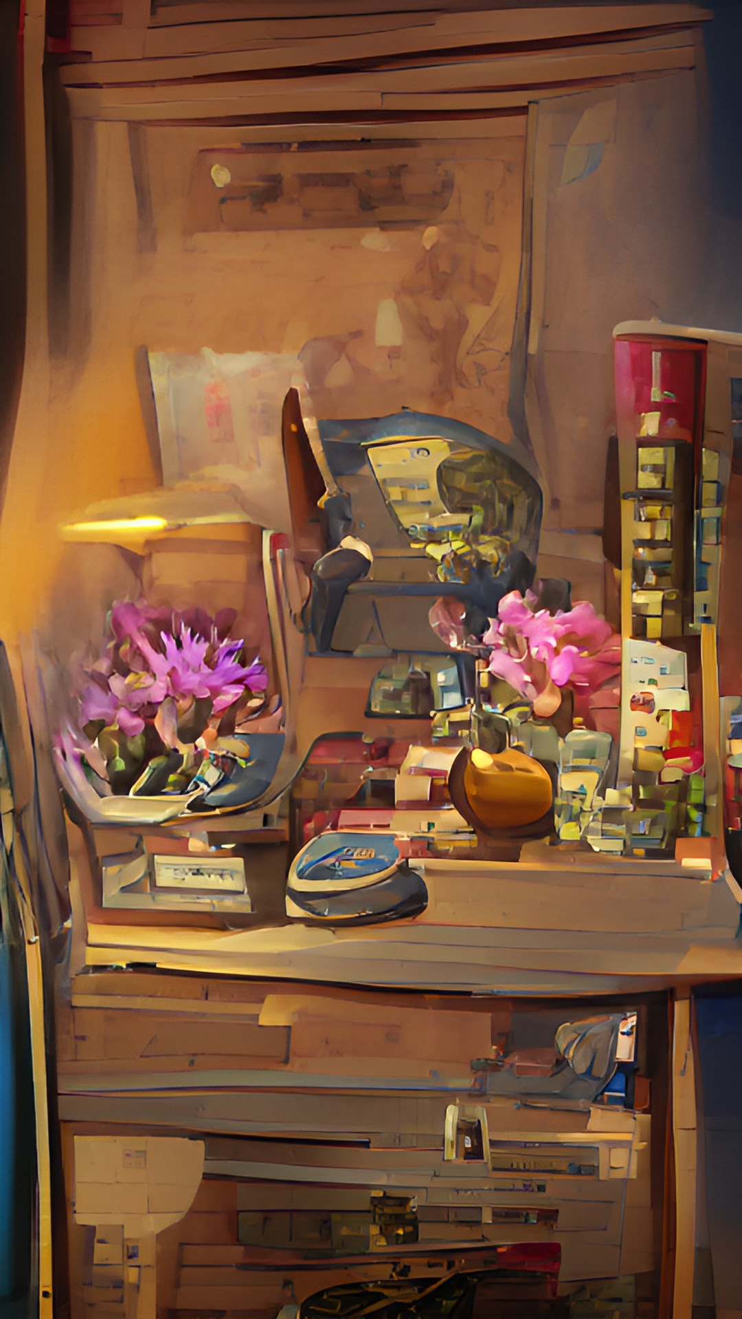 Ghibli - cozy still life with flowers, books, and trinkets. natural light from the left preview