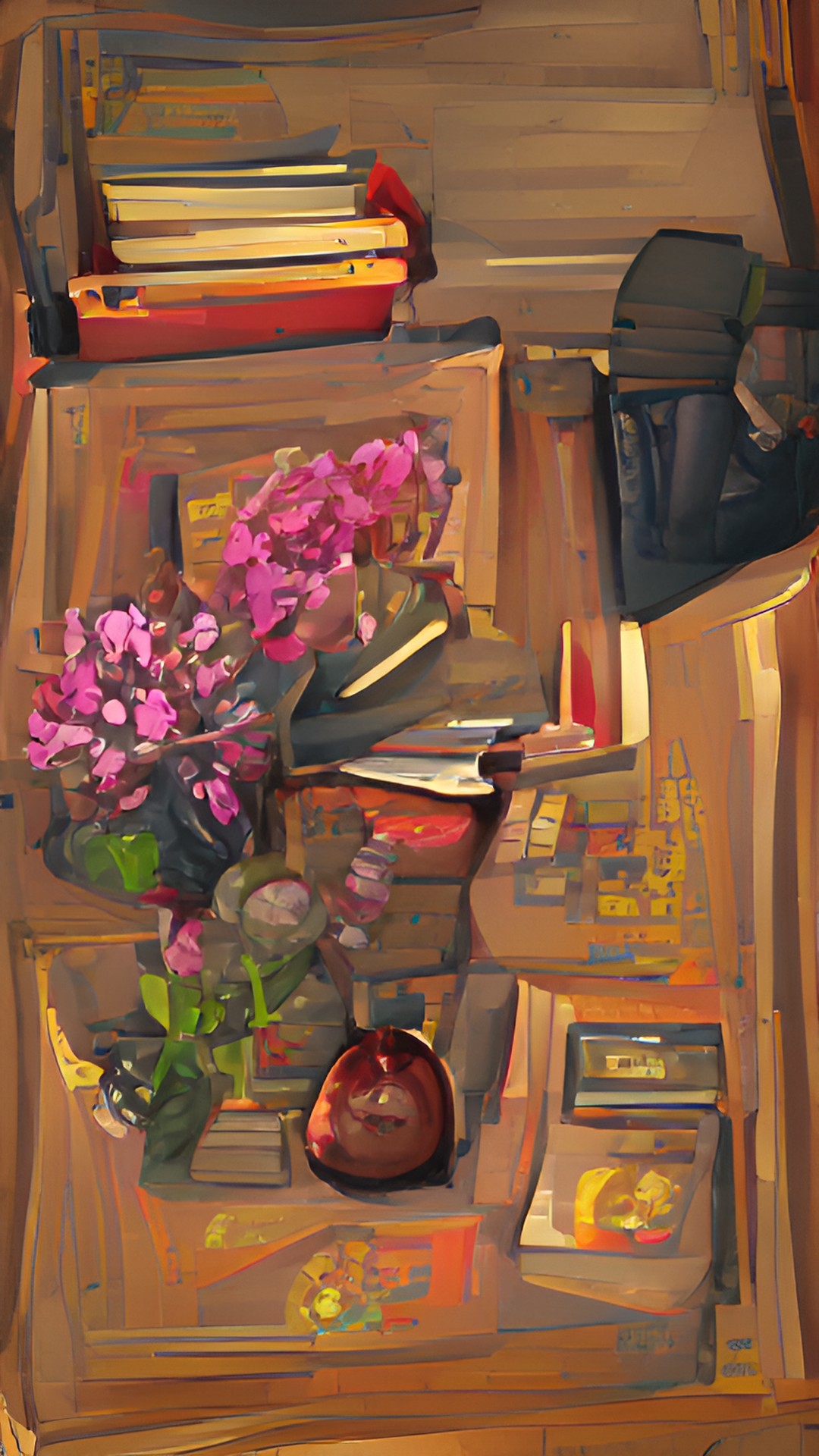 Malevolent - cozy still life with flowers, books, and trinkets. natural light from the left preview