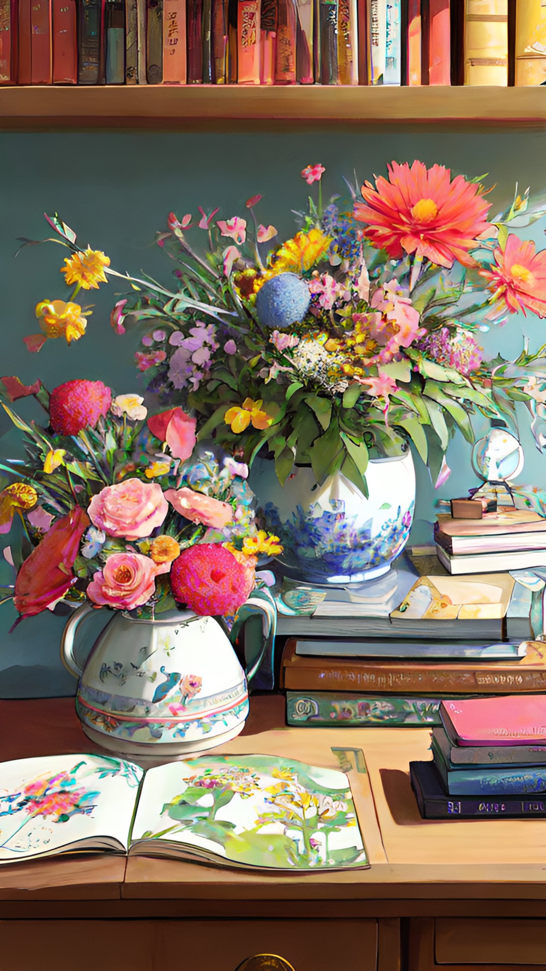 cozy still life with flowers, books, and trinkets. natural light from the left preview