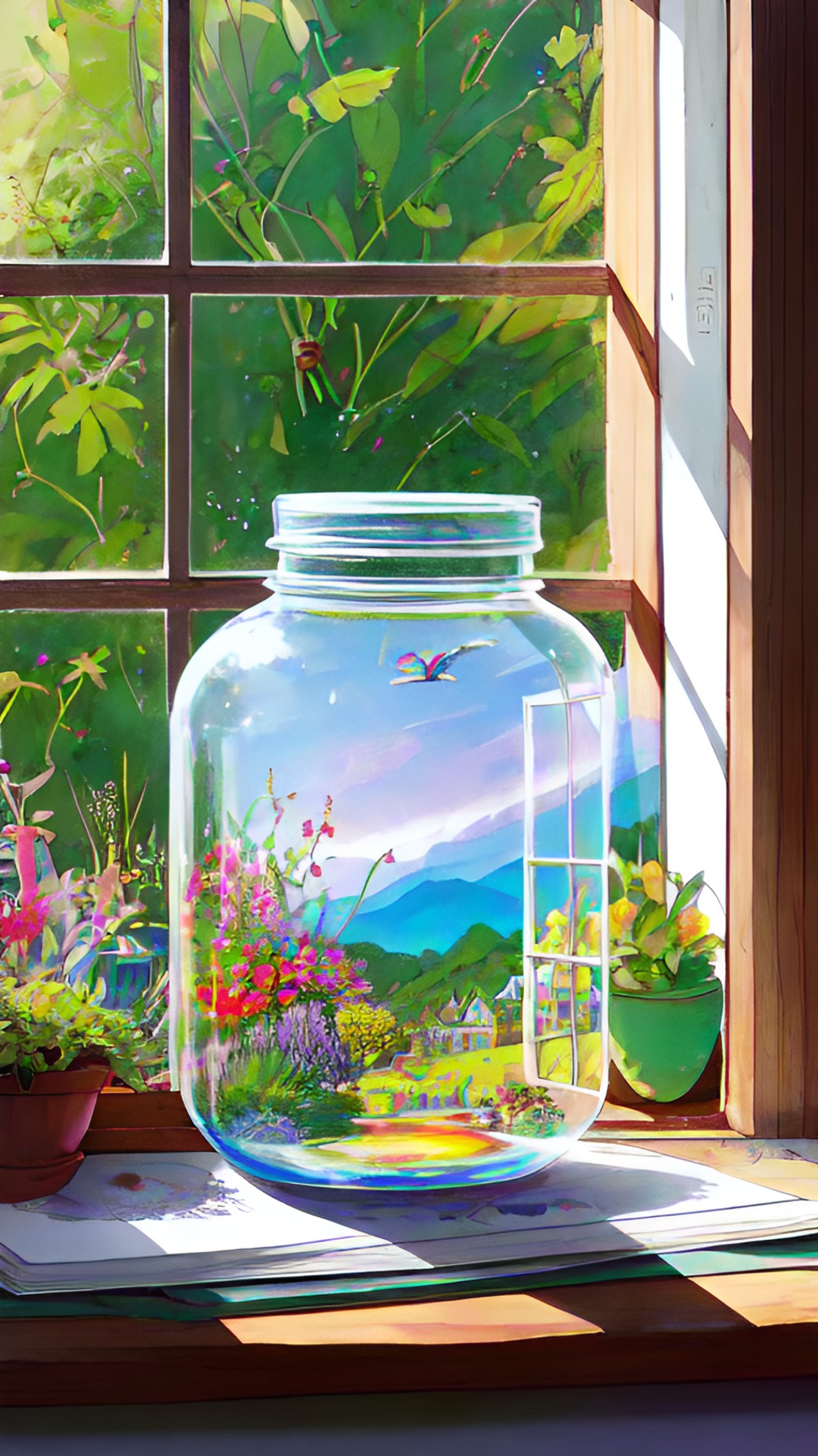 infinite rainbow jar on the window sill at grandma's house. granny magic. preview