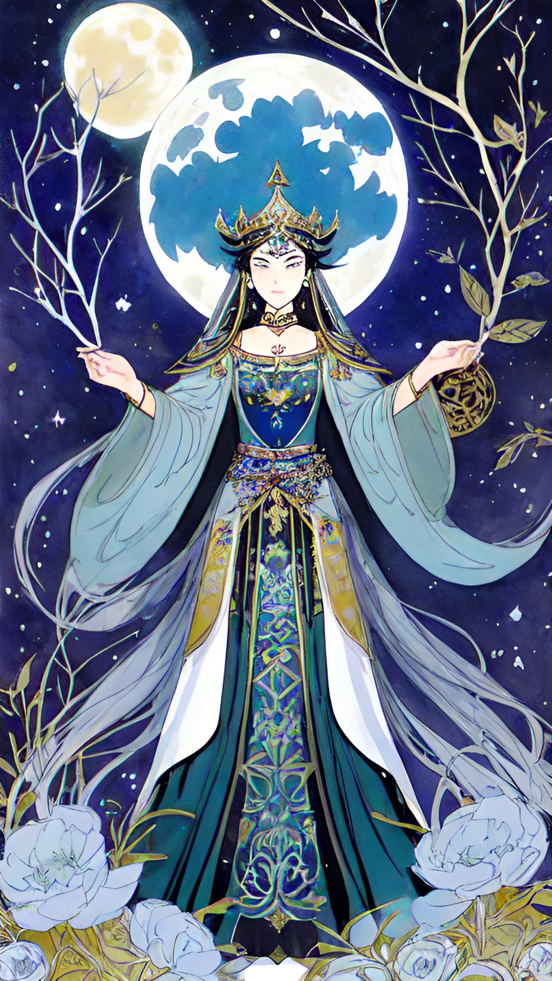 a priestess of the moon stands in the sacred grove at midnight, wearing a fine silk gown with metallic embroidery. the palette is mostly white, shades of blue and silver, black, and hints of warmer colors preview