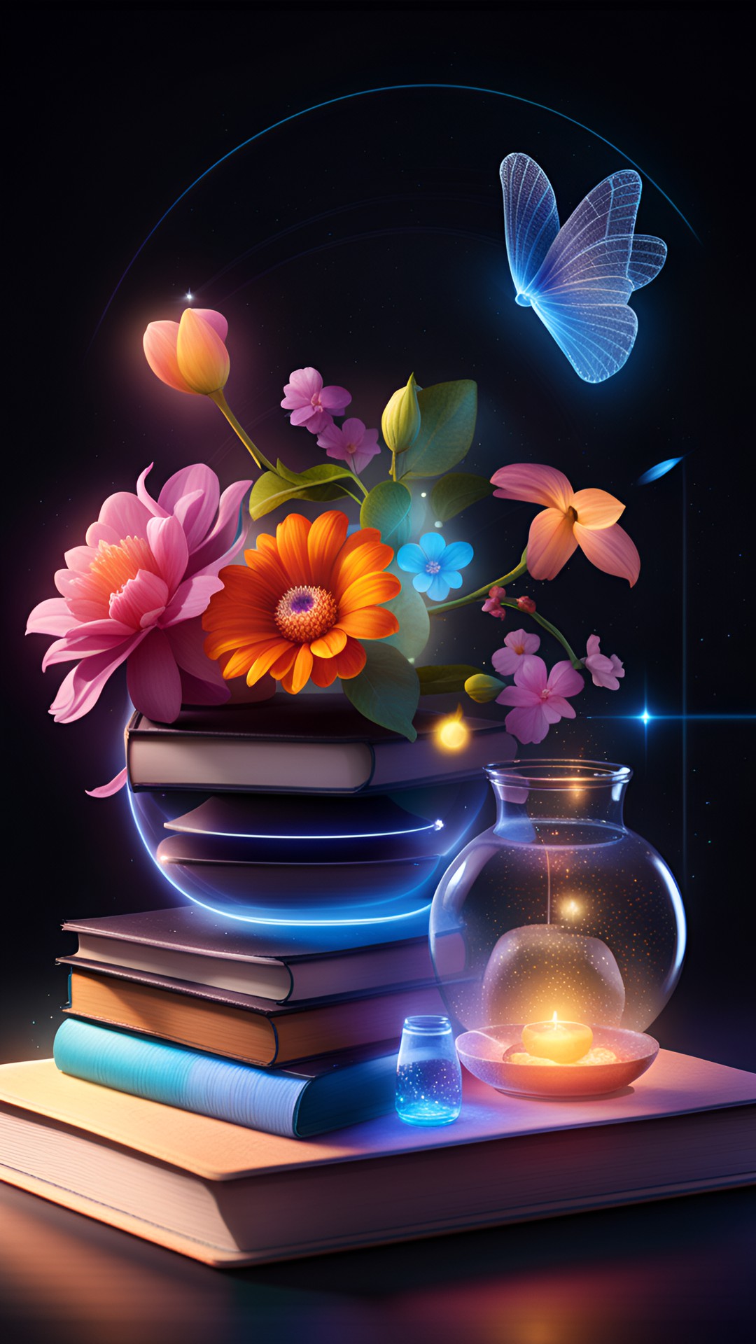 cozy still life with flowers, books, and trinkets. natural light from the left preview