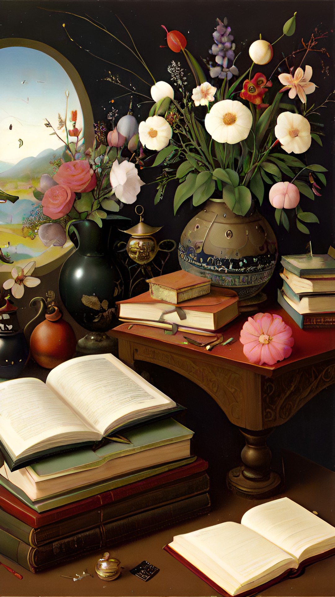 cozy still life with flowers, books, and trinkets. natural light from the left preview