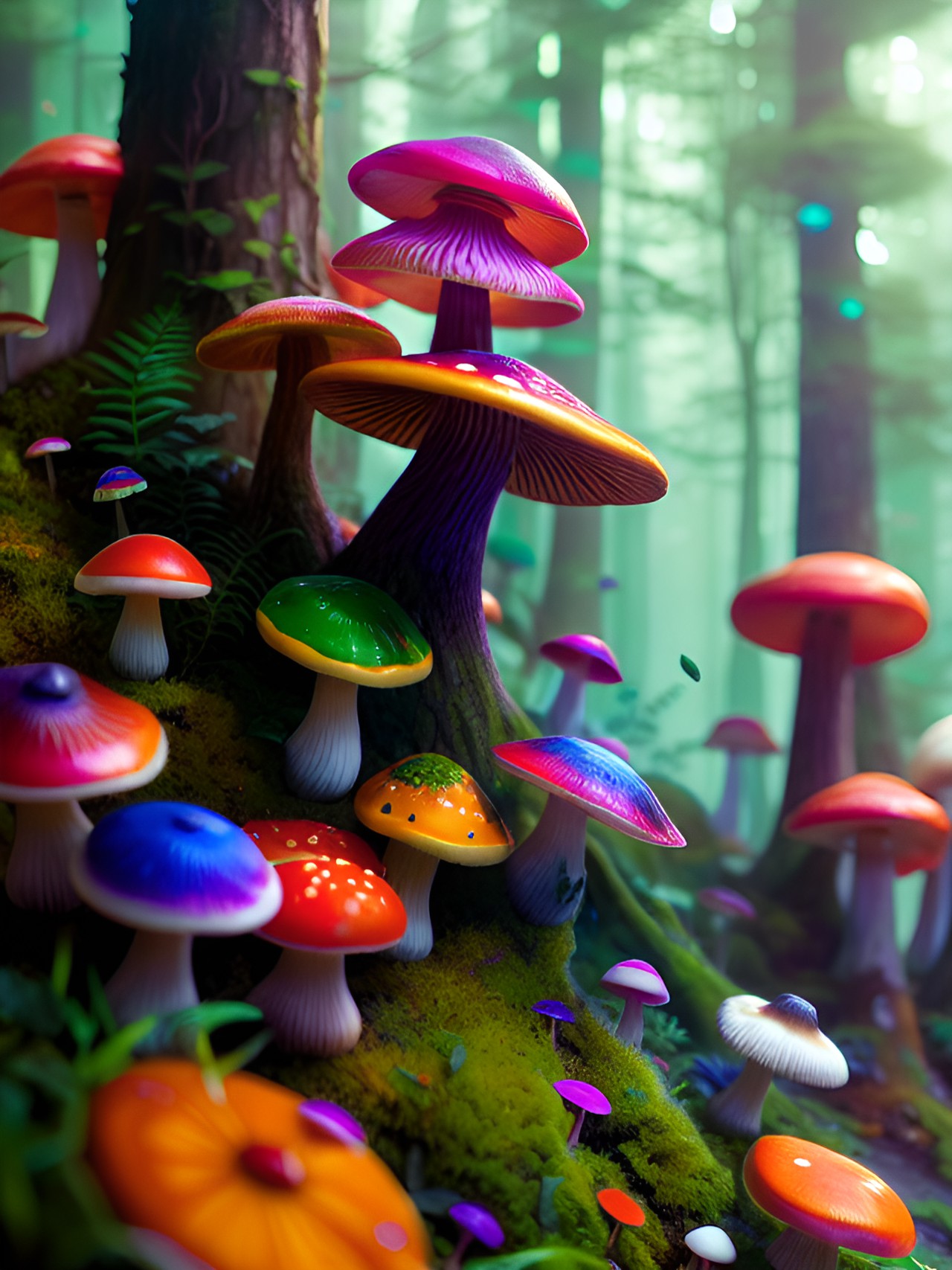 Oh the Places Yul Go - forest ridge of rainbow colored mushrooms. preview