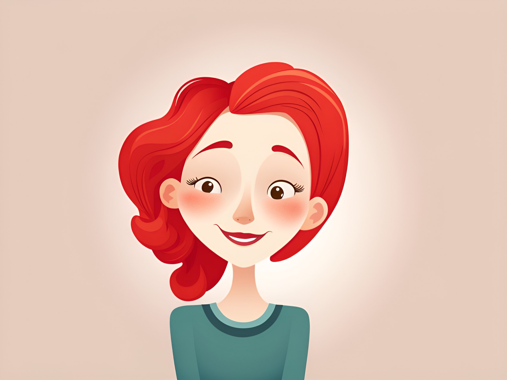 cartoon woman, red hair, whimsical illustration, plain solid background, uhd preview