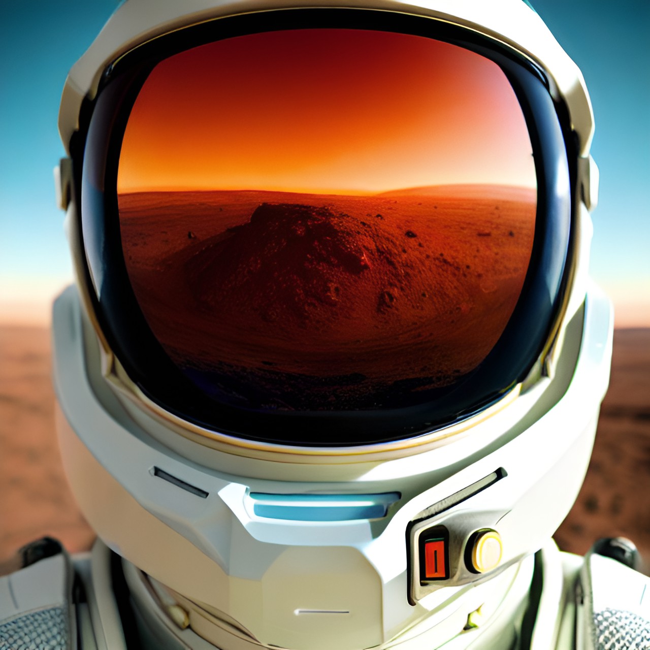 The Red Planet - mars reflected in visor of spacesuit - close up of a human is standing on mars. their visor is reflecting back the landscape, with the sky above. preview