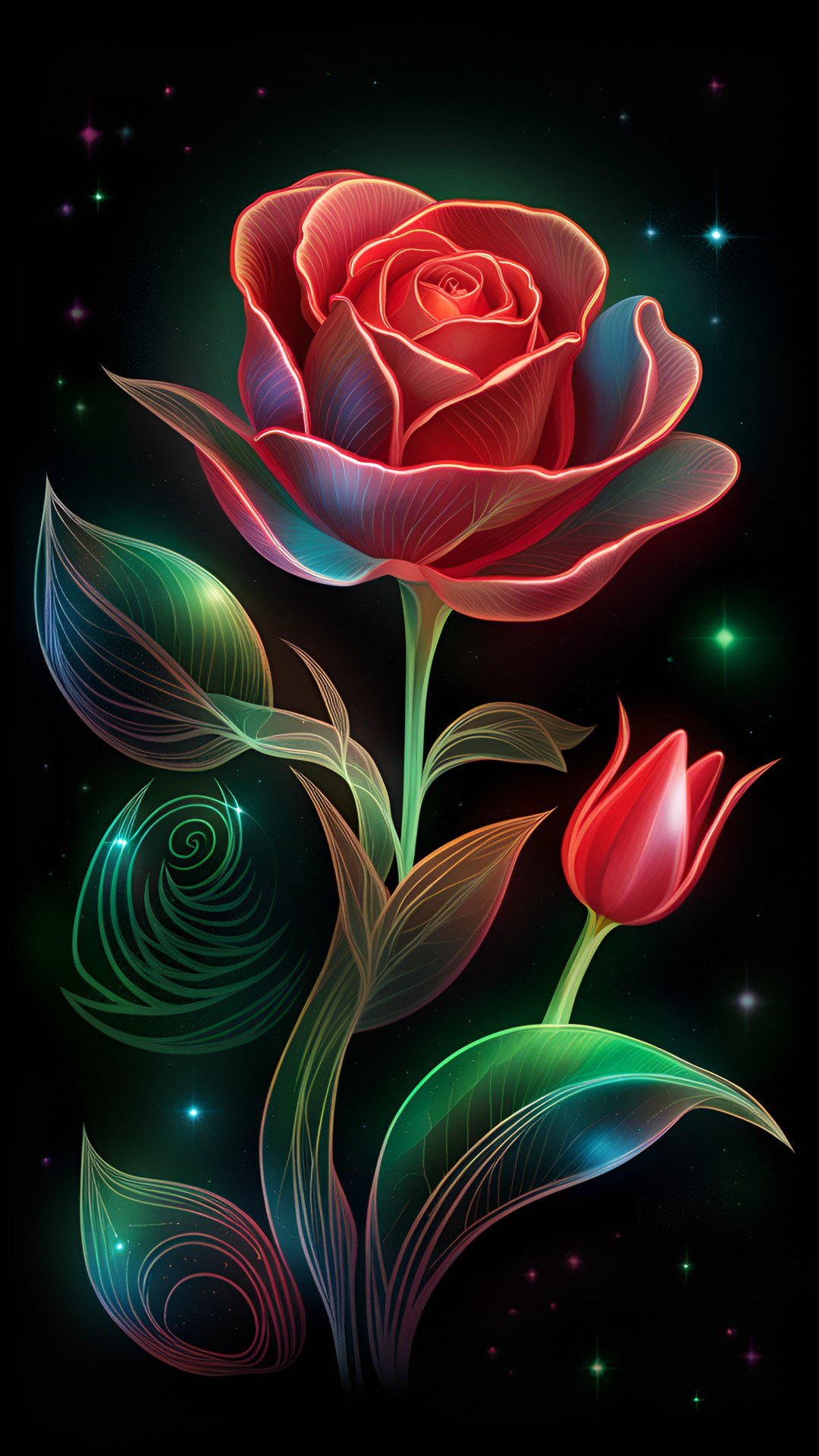 flower 3 0811 - collection card intricate rose, tulip mix, highly detailed, red and green leafs, edges glowing bright 
under dimm moon light preview