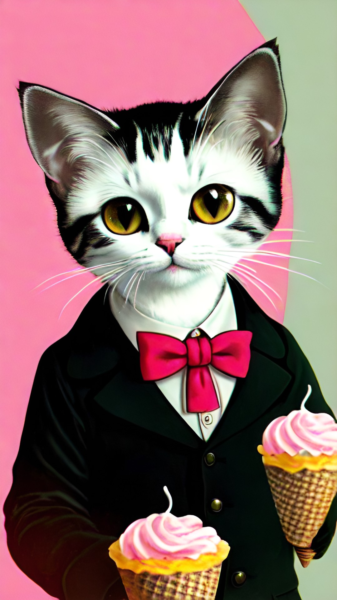 Little Man - creepy, vintage, detailed, cat, with ice cream and pink colorful sprinkles on his head. preview