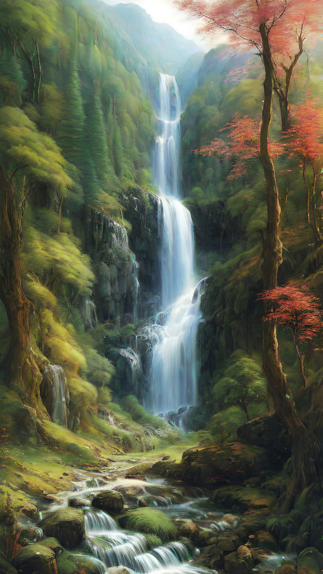 mountain forest, path, waterfall, aquarelle style, hyper-realistic, hyper-detailed, airbrush art, cgi render, by daniel f gerhartz, by gustave dore, by hr giger preview