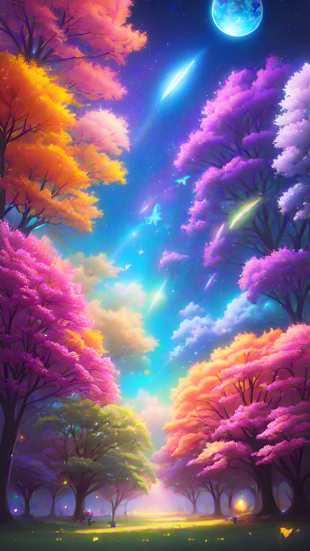 colourful tree, fantasy elements, clouds, planets , stars , glowing lights, glitter, twinkling lights, sparkles, butterflies, fish, birds preview