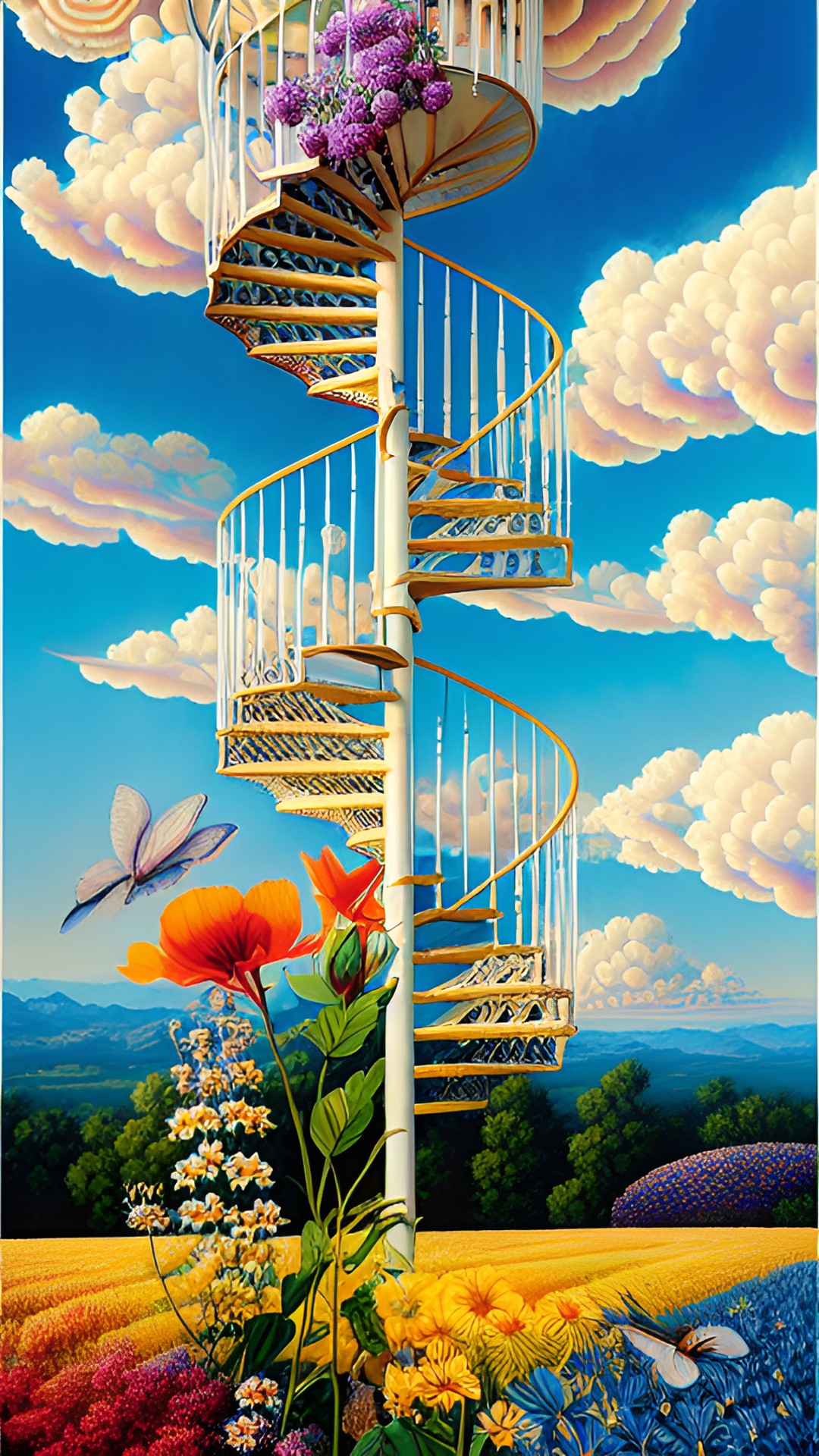 spiral staircase starting from a flower field and ending in white clouds preview