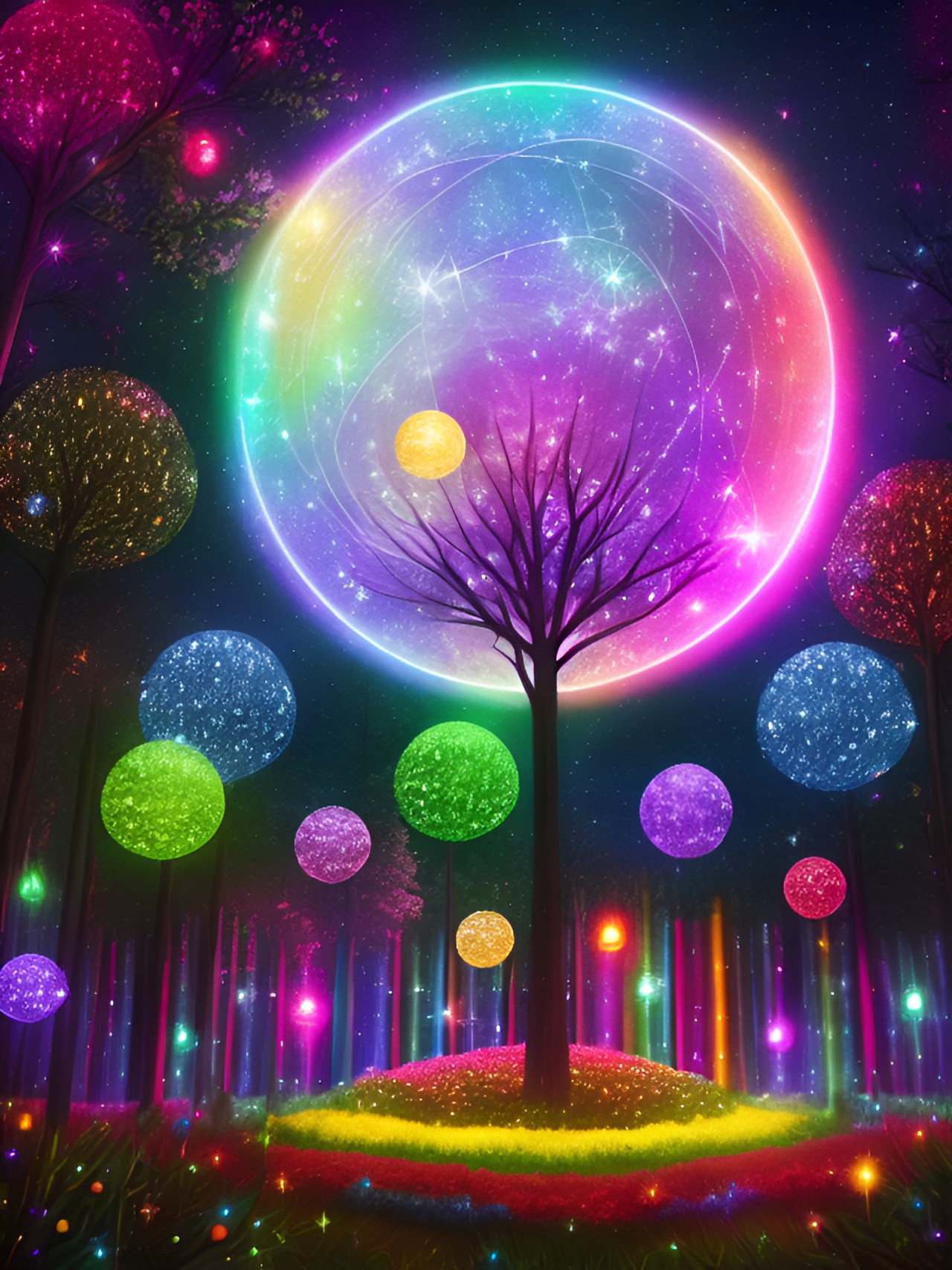 fantasy forest, balls of light, rainbow, multi colours, nighttime, stars, moonlight, sparkling lights, twinkling lights, glowing lights, glitter, string lighting, realist , intricate details, elaborated, lots of details, trees, flowers , plants , rainbows, butterflies, dragonflies, galaxy, planets preview