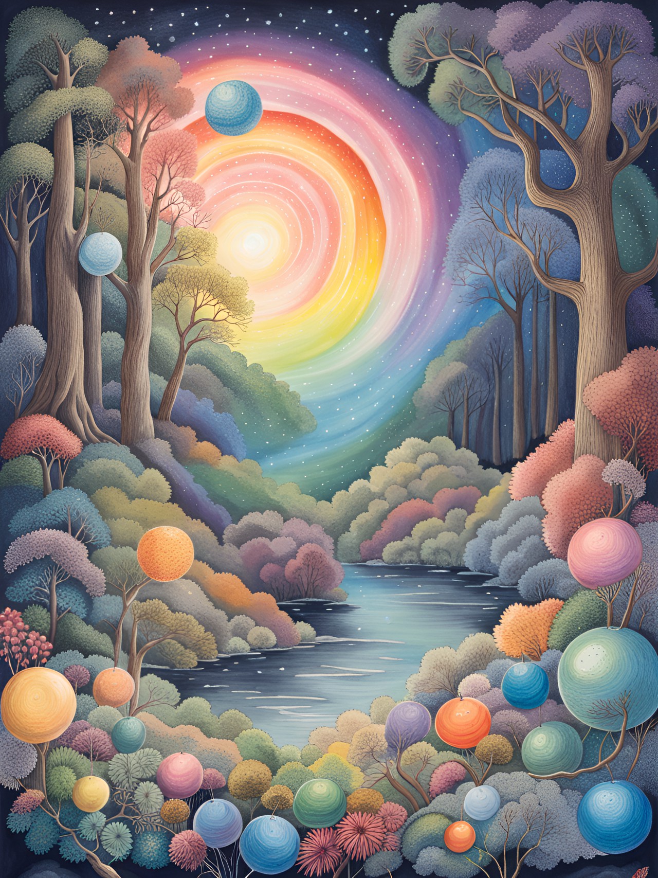 fantasy forest, balls of light, rainbow, multi colours, nighttime, stars, moonlight, sparkling lights, twinkling lights, glowing lights, glitter, string lighting, realist , intricate details, elaborated, lots of details, trees, flowers , plants , rainbows, butterflies, dragonflies, galaxy, planets, swirling lights preview