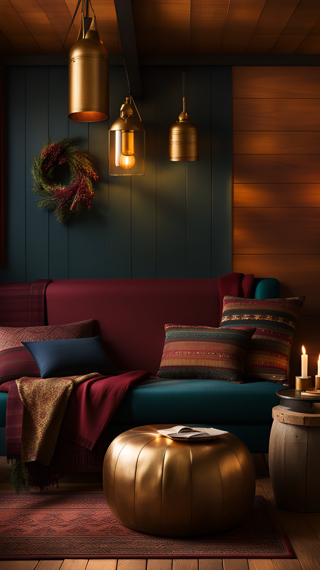 cozy rustic cabin interior burgundy, gold, jewel tones, midnight blue, forest green preview