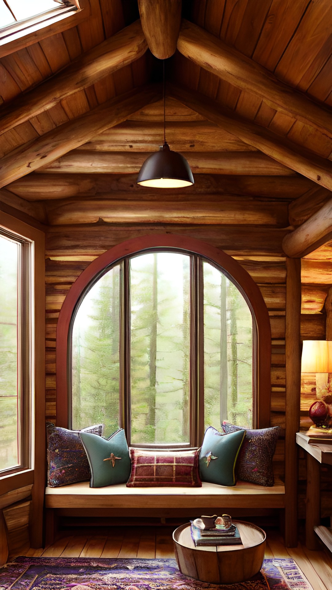 cozy rustic cabin interior, round window, natural light, burgundy, gold, jewel tones, midnight blue, forest green preview