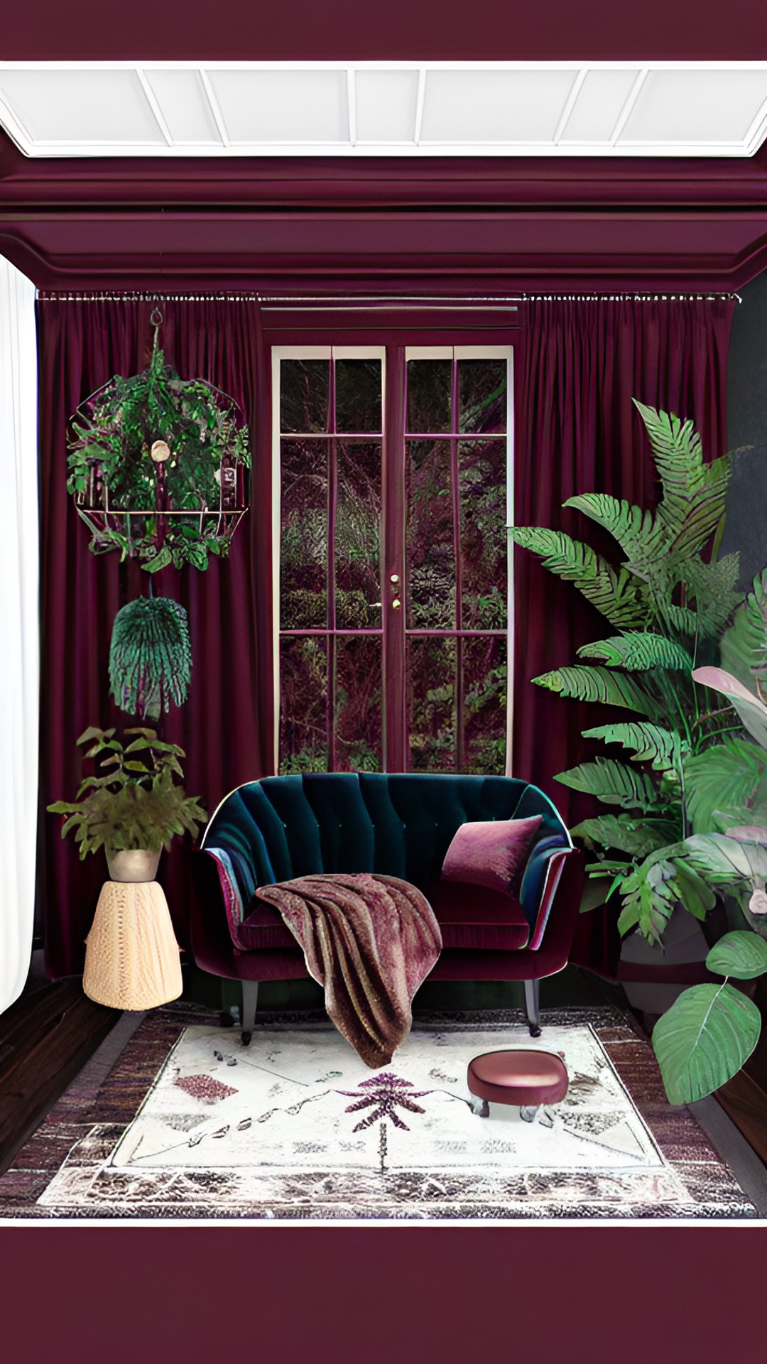 small, cozy witchy nature-themed  aesthetic interior,  burgundy, gold, jewel tones, midnight blue, forest green preview