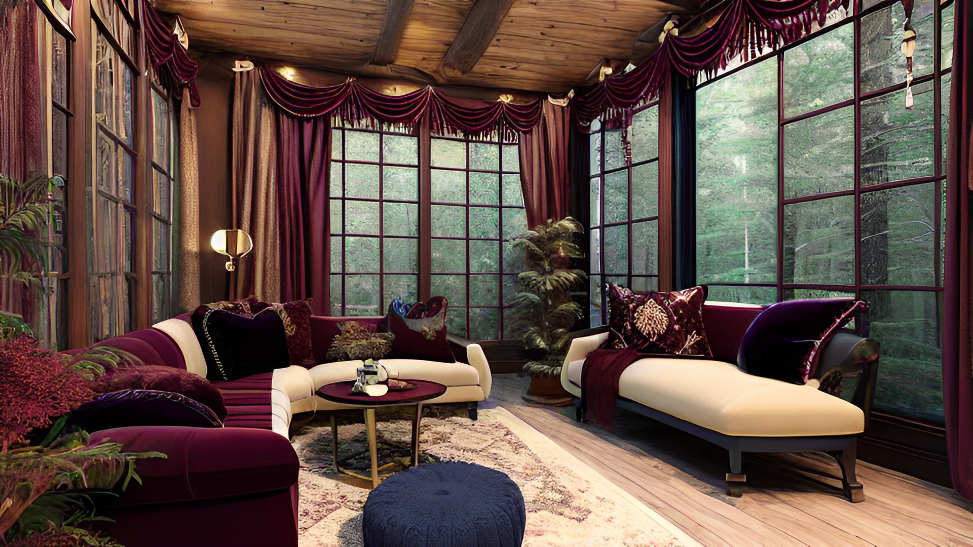 comfortable cozy witchy pagan aesthetic interior,  burgundy, gold, jewel tones, midnight blue, forest green preview