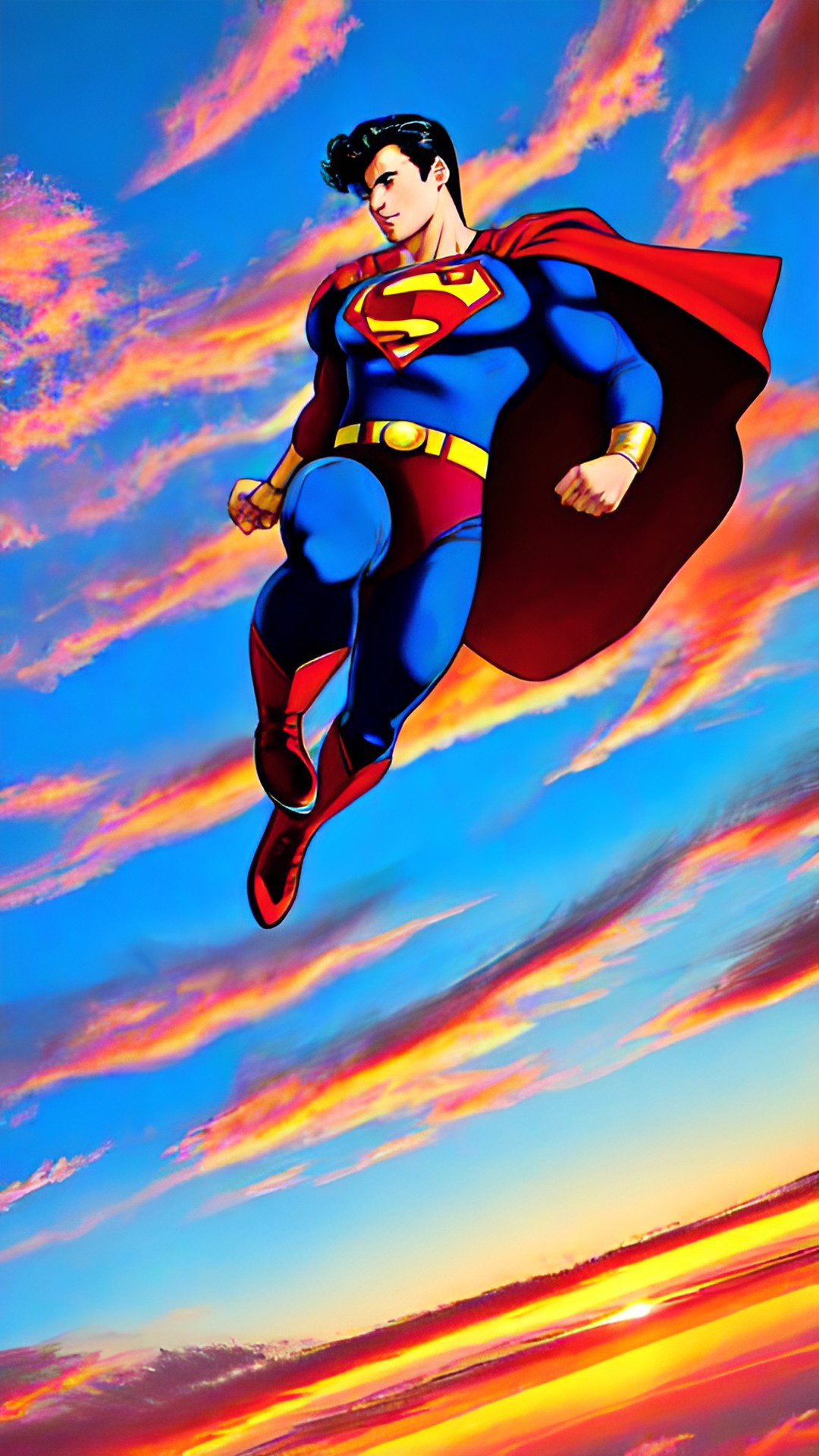 Sunset Superman - tom welling as superman flying up in the clouds at sunset preview