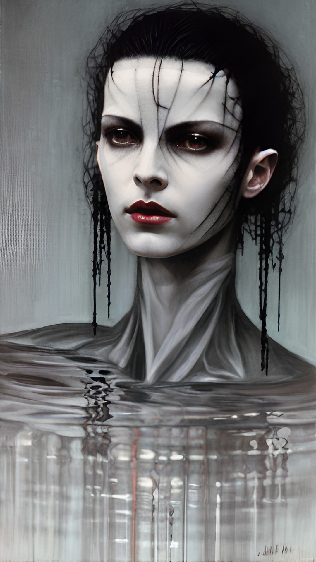 Winter Summons - pinhead cenobite from hellraiser, pale, androgynous very thin tall, and lanky, waist deep in a pool of black water, close up portrait, delicate skin preview