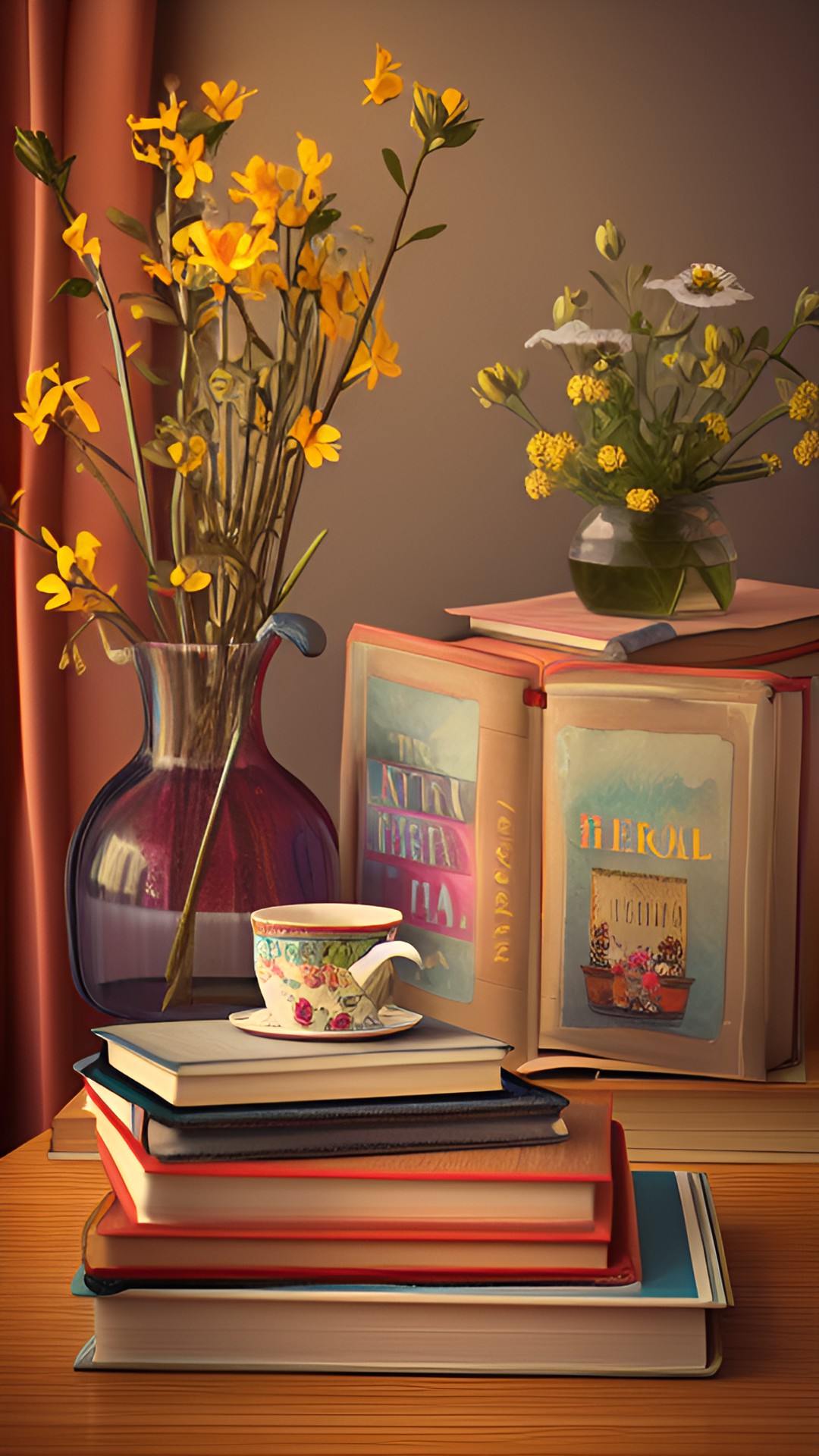 cozy still life with flowers, books, and trinkets. natural light from the left preview