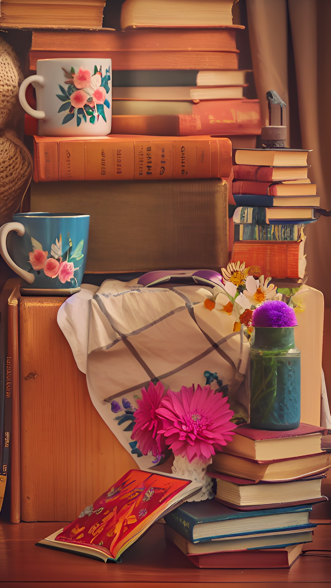 cozy still life with flowers, books, and trinkets. natural light from the left preview