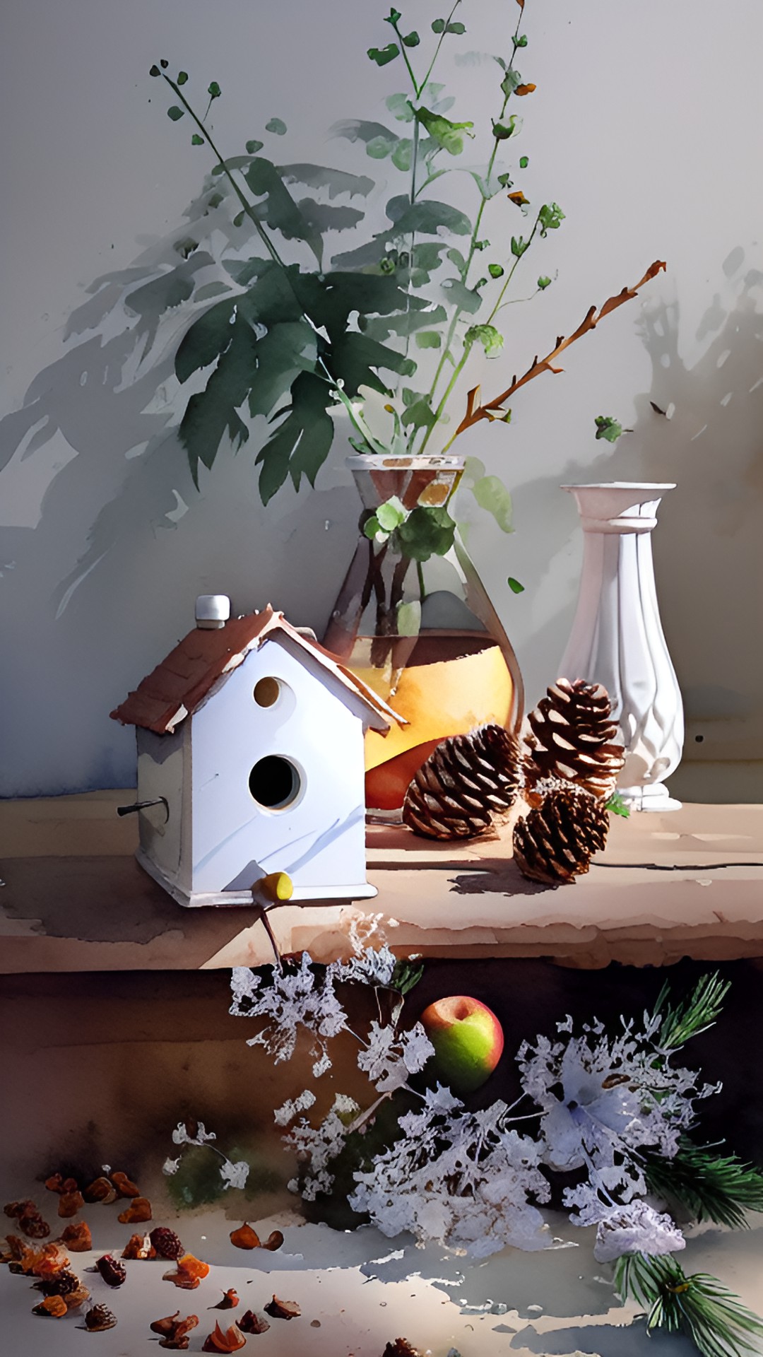 still life with birdhouse, dried orange, queen anne's lace,pine cones and small green apple preview