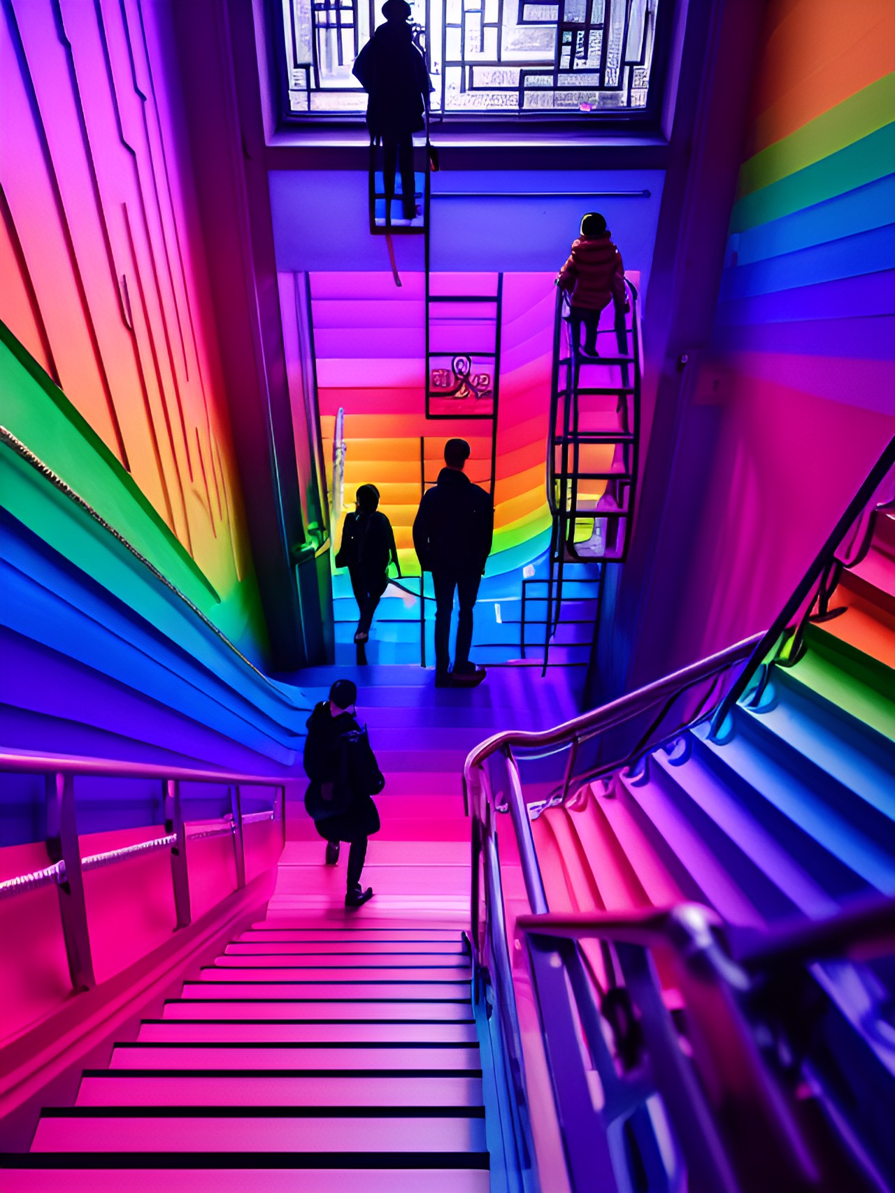 Hopeless Optimism - rainbow stairwell maze. silhouettes of people preview