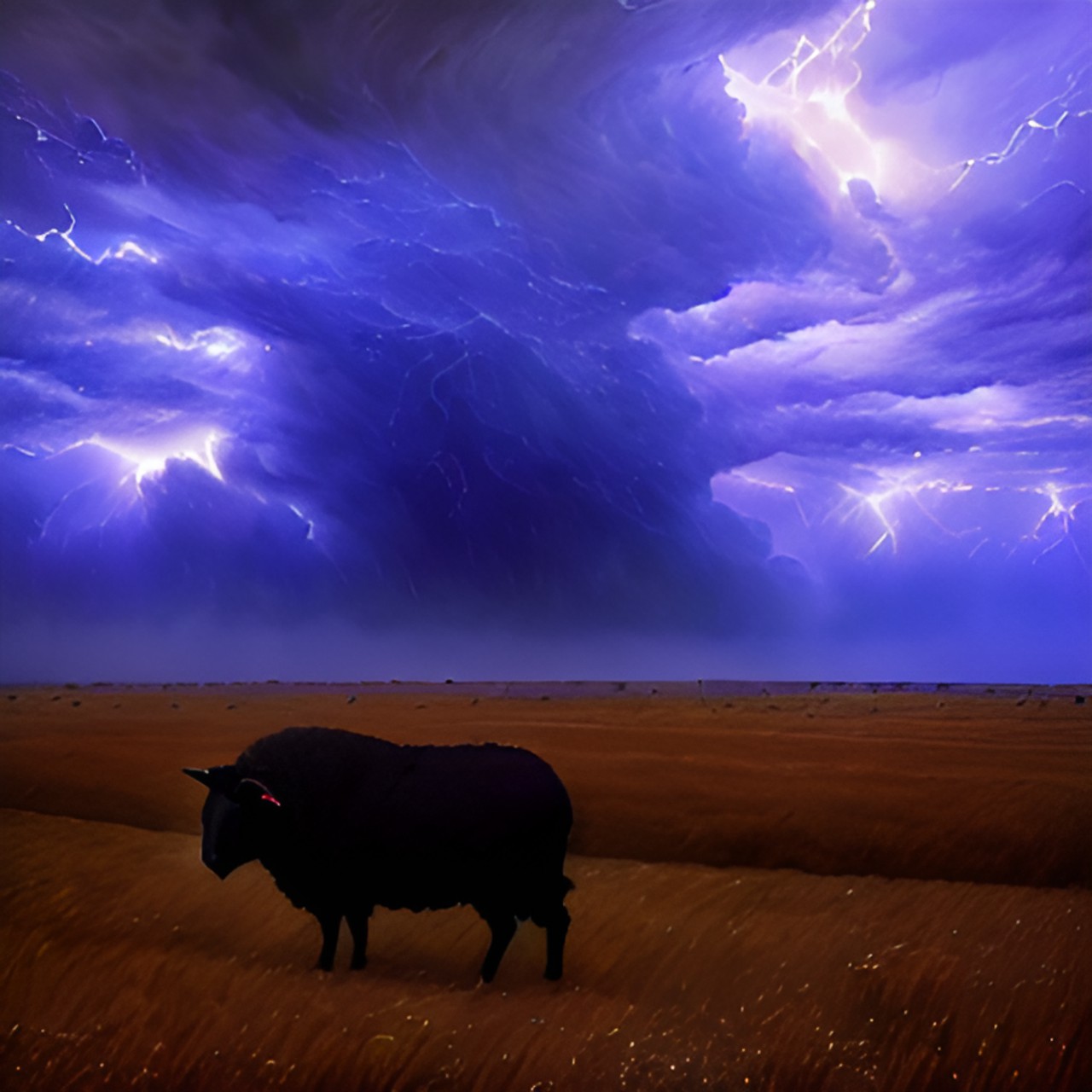 The Black Sheep - a black sheep in a field during a thunder storm preview